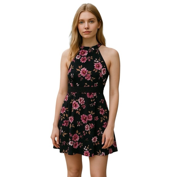 Floral skater back cut out halter neck dress black and Pink - Picture 1 of 5